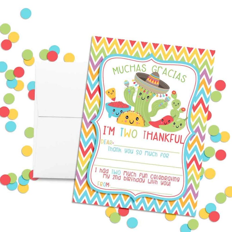 Amanda Creation Taco TWOS-Day Adorable 2nd Birthday Fiesta Thank You Notes for Kids, Ten 4" x 5.5" Fill In The Blank Cards with 10 White Envelopes by AmandaCreation - Image 3